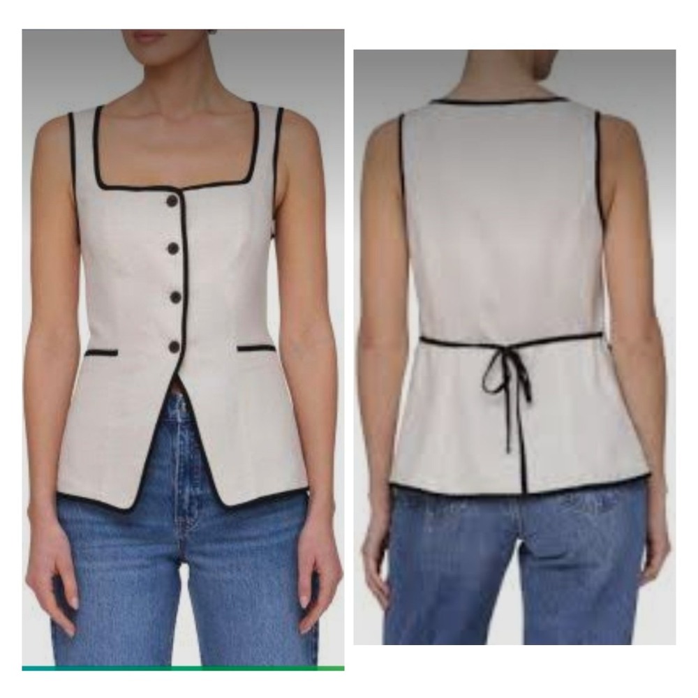Bagatelle Square-Neck Vest Button-Down Beige W Black Trim Rayon Linen M NWT